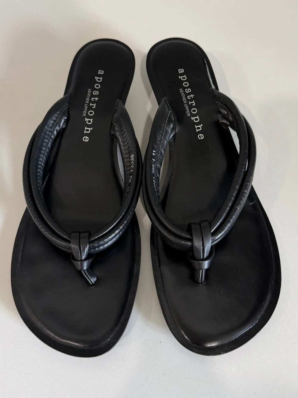 Apostrophe leather thong heel wedge sandal black